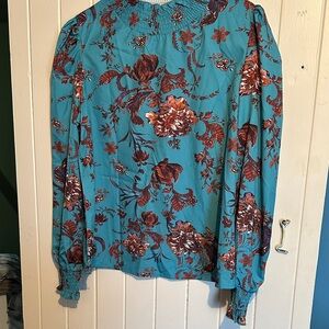 SHEIN Teal and Brown Floral Blouse